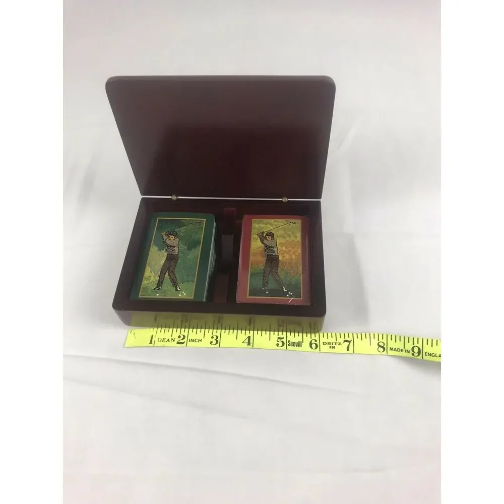 1990's Wooden Golf Playing Card Box With Golf Motif Face And 2 Decks Of Golf ...